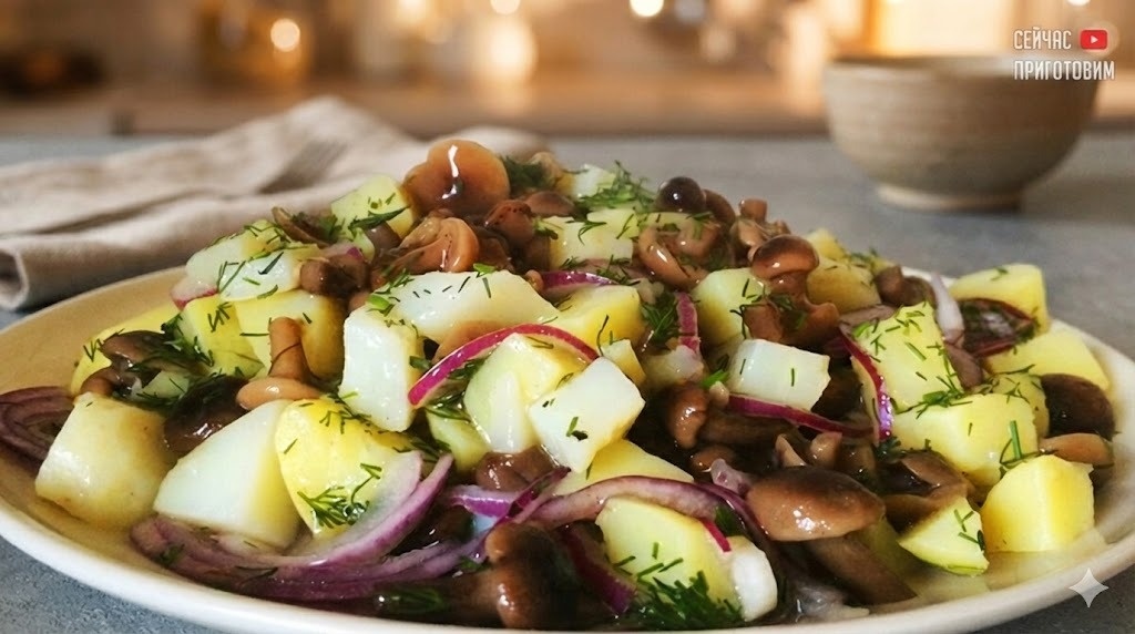 Салат-минутка с опятами и картошкой: быстро, вкусно и сытно